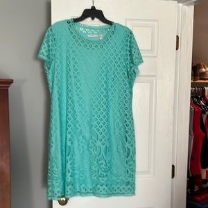 Isaac Mizrahi L sea green lace dress with tank lining